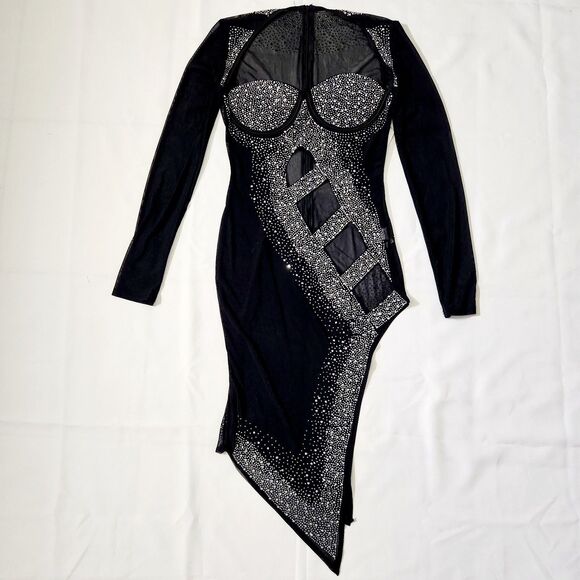 Deja Vu Dress Size M Long Sleeve Sheer Cutout Formal Dress Black High Slit Gems - Picture 5 of 13
